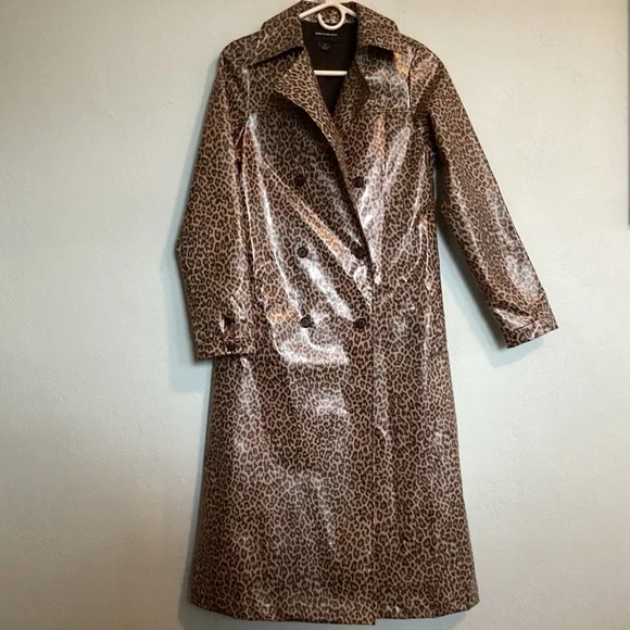 Something Navy Long Double Breasted Trench Rain Coat Size XS Animal Print 